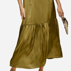 Topshop Satin Olive Midi Skirt